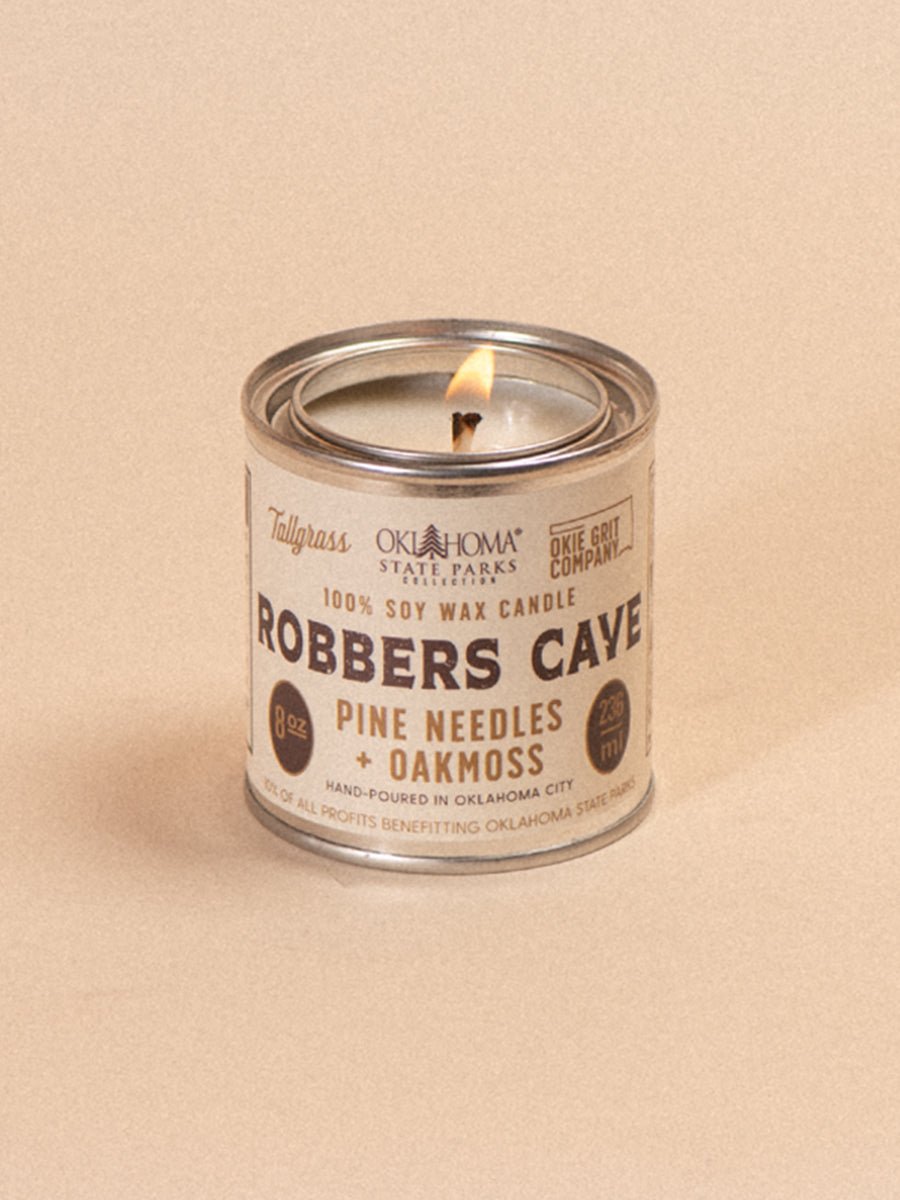 Tallgrass Supply_ 8 oz Soy Candle - Robbers Cave: Pine Needles + Oakmoss.